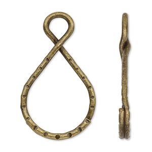 Key ring 1pkg10 brass-plated, 37x18mm teardrop / top loop, 23x17.5mm / 5mm inside diameter / steel / antique