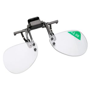 Magnifier, MagniClips&reg;, acrylic and vinyl, black and clear, +2 magnification clip-on style lenses. Sold individually.