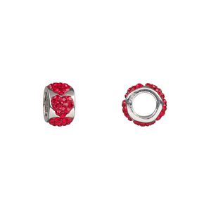 Bead 1pkg1 rhodium-plated sterling silver, 9x5.5mm rondelle heart, red cubic zirconia