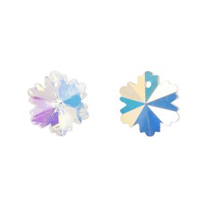 Drop, glass, translucent clear AB, 14mm snowflake. Sold per pkg of 10.