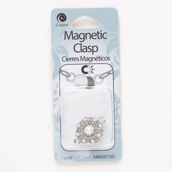 Clasp magnetic 1pkg1, 17mm flower, antique silver-finished steel / white acrylic / clear glass 1-strand image number 0