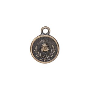 Charm, TierraCast&reg;, antique brass-plated pewter (tin-based alloy), 14.5mm round with thistle design. Sold per pkg of 2.