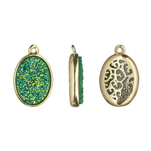 Drop, Druzylite&trade;, "druzy" (resin) and gold-finished brass, green, 15.5x11.5mm two-sided oval with open filigree back. Sold per pkg of 4.