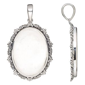 Pendant, antiqued sterling silver, 31x24.5mm oval with flower and leaves design and 25x18mm oval bezel setting. Sold individually.