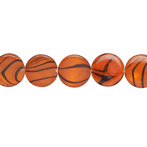 Mother-of-pearl shell 1pkg1, puffed flat round bead 15 inch dark orange and black 9-11mm
