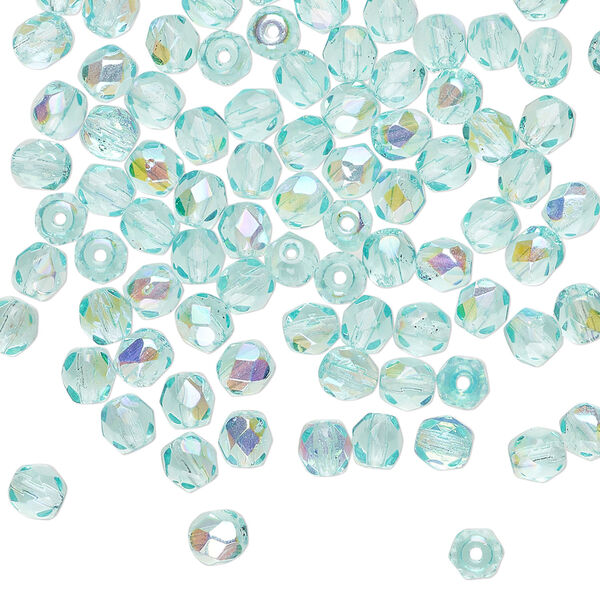 Bead, Czech fire-polished glass 1pkg100, translucent light aqua AB, 4mm faceted round. image number 0
