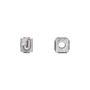 Bead 1pkg4 pewter, 8x6mm rectangle / letter J, antiqued Dione&reg;