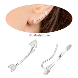Earring, Create Compliments&reg;, sterling silver and cubic zirconia, clear, 25mm curved arrow ear climber with fishhook ear wire, 19 gauge. Sold per pair.