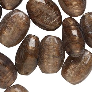Bead, lampworked glass, translucent brown and dark brown, 18x13mm-19x15mm flat oval with copper-colored glitter. Sold per pkg of 25.