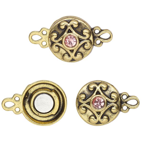 Clasp magnetic 1pkg2 "pewter" (zinc alloy), 12mm double-sided round, antique gold-finished / pink rhinestone 1-strand image number 0