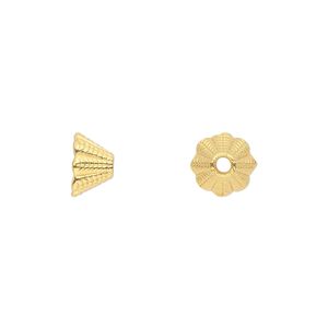Cone, gold-finished "pewter" (zinc-based alloy), 8x5mm corrugated, 5mm inside diameter. Sold per pkg of 50.