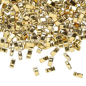 Seed bead, TILA&reg;, glass, pkg/250g, 5x2.3mm half tila rectangle, opaque 24Kt gold-plated, (HTL-191).