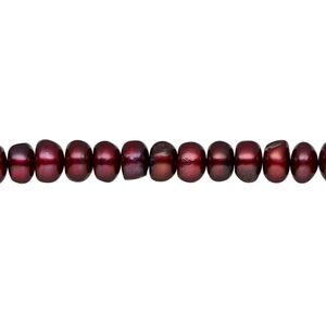 Pearl, cultured freshwater (dyed), dark cranberry, 5-6mm button, D grade, Mohs hardness 2-1/2 to 4. Sold per 15-inch strand.