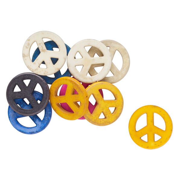 Bead mix, "howlite" (resin) (imitation), mixed colors, 35mm peace sign. Sold per pkg of 10. image number 0