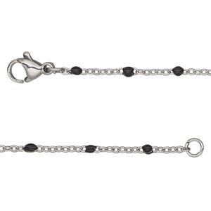 Chain 1pkg1 cable, 1.7mm flat / 2mm ball / lobster claw clasp, stainless steel / black enamel 18 inch