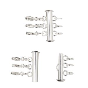 Clasp slide lock 1pkg1, 21x6mm round tube / 5mm jumpring / springring, silver-finished brass 3-strand