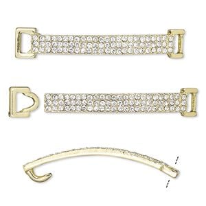 Clasp hook 1pkg2 gold-finished "pewter" (zinc alloy), 48x8mm curved rectangle / fits 3.5x2.5mm cord, clear rhinestone 1-strand
