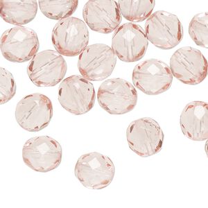 Bead, Czech fire-polished dipped d&eacute;cor glass 1pkg50, pink, 8mm faceted round.