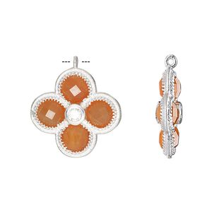 Drop, carnelian (dyed / heated) / cubic zirconia / sterling silver, clear, 19mm double-sided faceted flower. Sold individually.