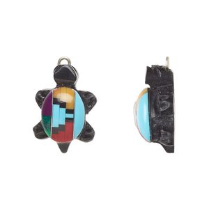 Charm, resin / aluminum / silver-finished copper, multicolored, 19x13mm 3D turtle with Santa Fe design. Sold individually.