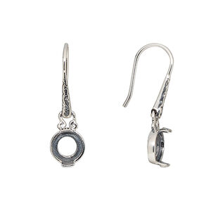 Earring fishhook 1pkg2 sterling silver, 25mm flourish marquise design / 6mm round cab 2-prong open back setting, 20 gauge antiqued 1 pair