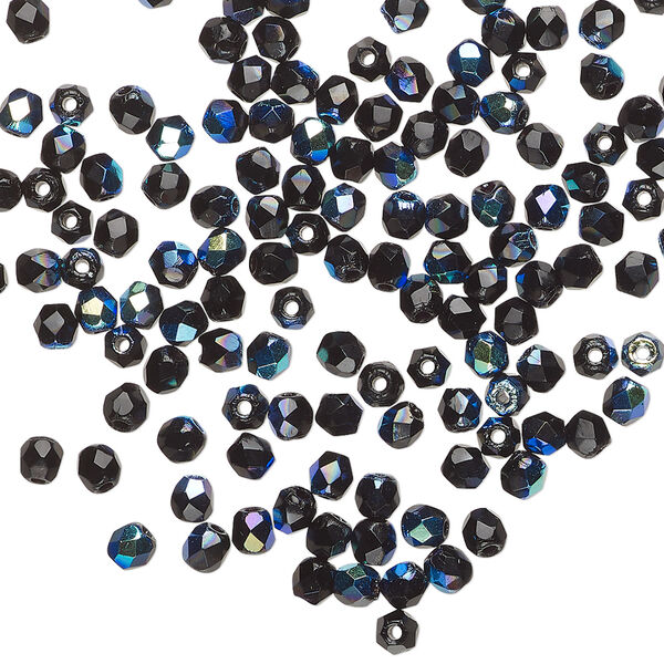 Bead, Czech fire-polished glass 1pkg1200, opaque jet black, 3mm faceted round. image number 0