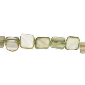 Mother-of-pearl shell 1pkg1, triangle tube bead 15 inch green / beige 6x4mm-10x9mm