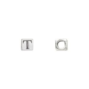 Bead 1pkg1 sterling silver, 5.5mm cube / letter T, antiqued Dione&reg;