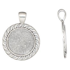 Pendant, silver-finished "pewter" (zinc-based alloy), 37x28mm round with 20mm round setting. Sold per pkg of 2.
