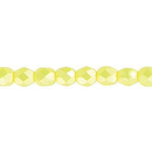 Bead, Czech fire-polished dipped d&eacute;cor glass, opaque pearlescent light yellow, 6mm faceted round. Sold per 15-1/2" to 16" strand.