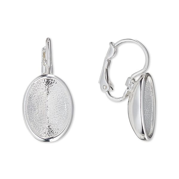 Ear wire leverback 1pkg2 Almost instant jewelry&reg; silver-plated "pewter" (zinc-based alloy), 24mm / 14x10mm oval glue-in setting, brass 1 pair image number 0