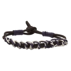 Bracelet, leather (dyed) / waxed cotton cord / flax, dark brown / navy blue / white, 8mm wide knotted design, 7 inches with knot closure. Sold per pkg of 2.