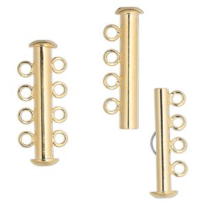 Clasp slide lock 1pkg4 gold-plated, 26x6mm tube, brass 4-strand