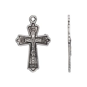 Drop, antique silver-plated "pewter" (zinc-based alloy), 26x18mm single-sided crucifix. Sold per pkg of 10.