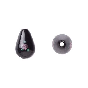 Bead, Czech lampworked glass, opaque black / pink / green, 12x8mm-13x9mm teardrop with flower design. Sold per pkg of 4.