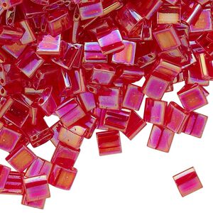 Seed bead, TILA&reg;, glass, pkg/250g, 5mm full tila square, translucent rainbow strawberry, (TL-254).
