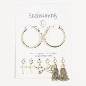 Earring hoop 1pkg8 gold-finished, 35mm round / interchangeable mixed charms, antique brass / steel / stainless steel 20 gauge 1 pair