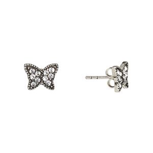 Earstud, Create Compliments&reg;, antiqued sterling silver and crystal, clear, 10x7.5mm butterfly. Sold per pair.