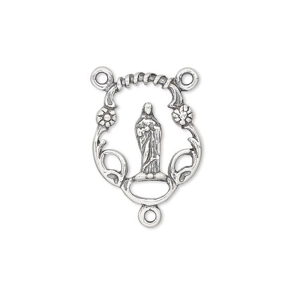 Connector, antiqued sterling silver, 20x16mm open oval rosary with Madonna. Sold individually. image number 0