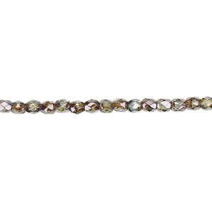 Bead, Czech fire-polished glass, transparent peridot green luster, 3mm faceted round. Sold per 15-1/2" to 16" strand.