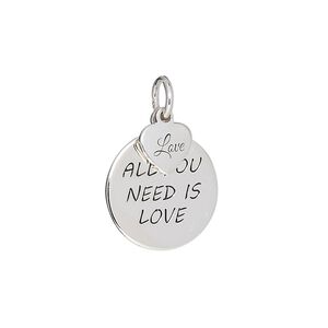 Drop, sterling silver and enamel, 16mm round with "ALL YOU NEED IS LOVE" and 7.5x7mm heart with "Love." Sold individually.