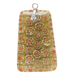 Focal 1pkg1 millefiori glass and silver-finished steel, translucent tan / red / white, 41x26mm-44x28mm trapezoid.