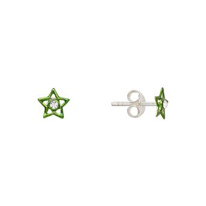 Earstud, Create Compliments&reg;, enamel and sterling silver, green, 6mm star. Sold per pair.