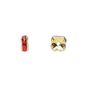 Bead 1pkg10 gold-finished, 6x3mm squaredelle, brass / red rhinestone