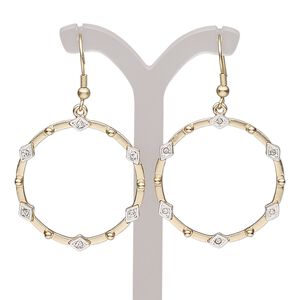 Earring, glass rhinestone / gold-finished steel / silver-plated / gold-finished brass, clear, 2 inches with matte round hoop and fishhook ear wire. Sold per pair.