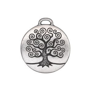 Drop, TierraCast&reg;, antique silver-plated pewter (tin-based alloy), 23.5mm double-sided flat round with tree of life. Sold per pkg of 2.