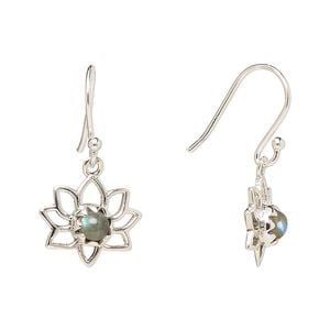 Earring, Create Compliments&reg;, antiqued sterling silver and labradorite (natural), fishhook, 26mm with 14.5x12mm single-sided open lotus, 21 gauge. Sold per pair.
