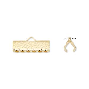 Ribbon crimp end 1pkg10 gold-plated, 16x5mm hammered rectangle, brass