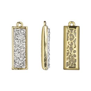 Drop, Druzylite&trade;, "druzy" (resin) and gold-finished brass, silver, 21x8mm two-sided rectangle with open filigree back. Sold per pkg of 4.