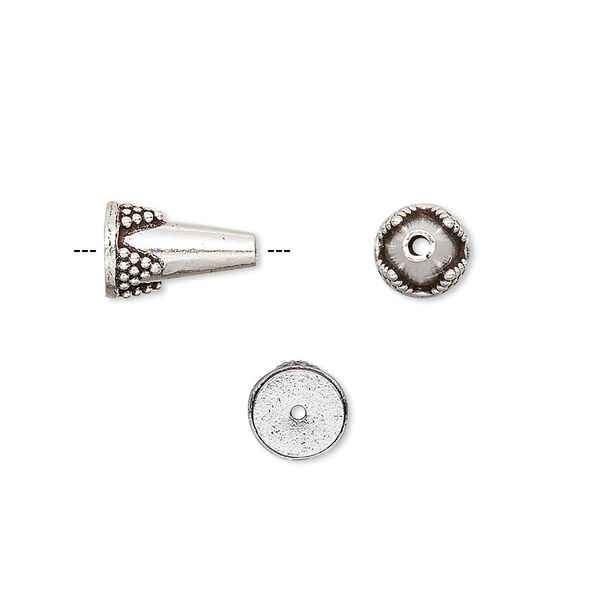 Bead 1pkg2 sterling silver, 11x6mm beaded cone, antiqued image number 0